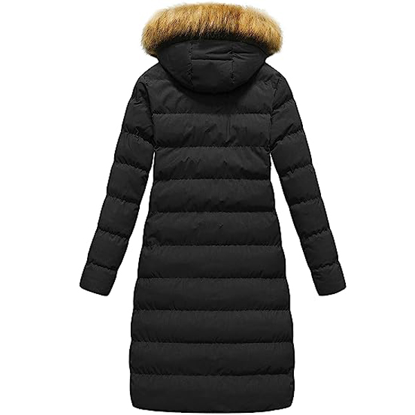 Women's Long Winter Faux Fur Coat Puffer Warm Jacket with Detachable Hood