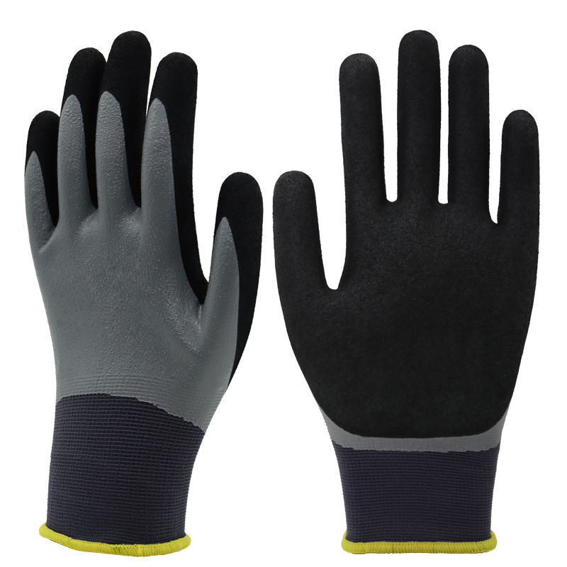 13g Polyester Liner, Fully Coated Smooth Nitrile First, Palm Coated Sandy Nitrile Finished