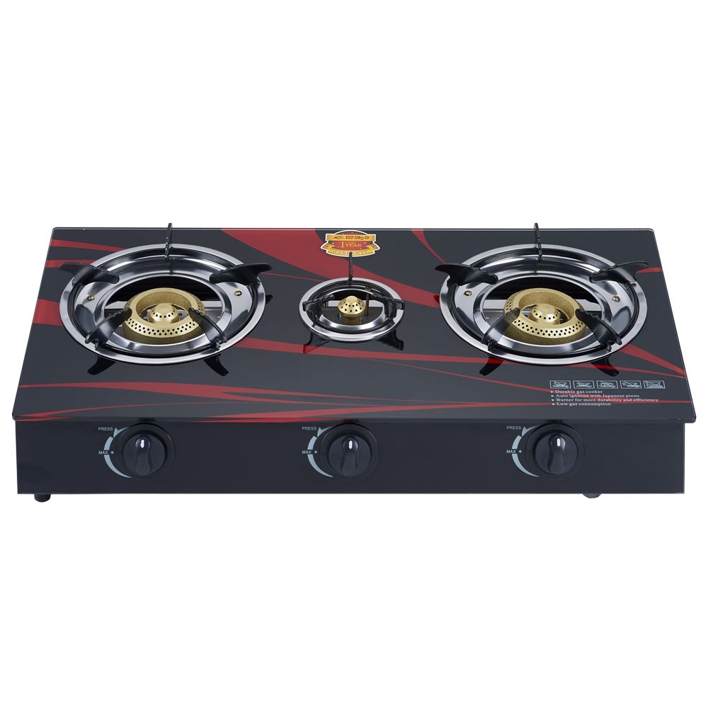 Cheap price pattern electronic ignition cast iron 3 burner tempered glass top gas cooker stove RD-GT043