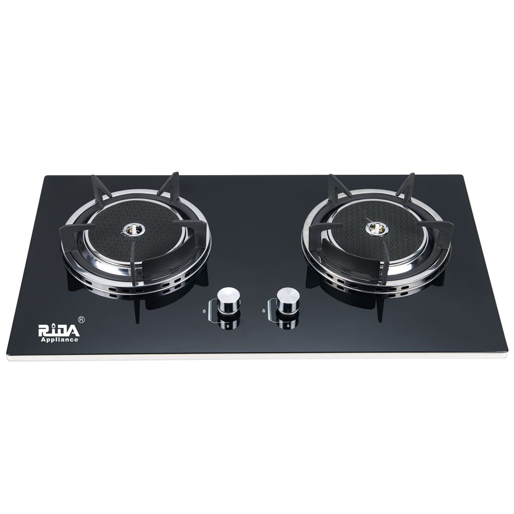 Tempered glass Kitchen appliance 2 Burner 2*Infrared Burner Cast Iron Pan Support metal knob  built-in gas hob RDX-GH021