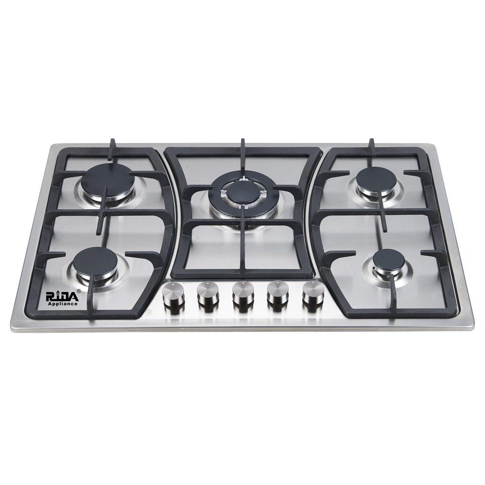 Stainless Steel panel 5 burner Cast iron Pan Support Sabaf  Burner  Kitchen appliance  built-in gas hob RDX-GHS015