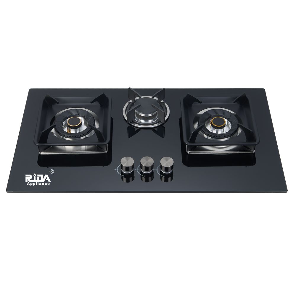 kitchen appliance 7mm tempered glass 3 burner gas hob 2*120mm brass burner cap 4.2kW and square Pan Support built in gas cooker gas stove RDX-GH049