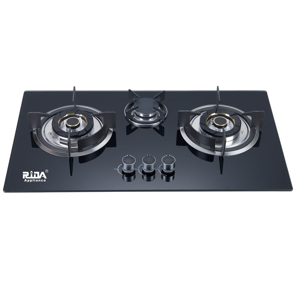 kitchen appliance 7mm tempered glass 3 burner gas hob 2*120mm brass burnercap 4.2kW and1* built in gas cooker gas stove RDX-GH044