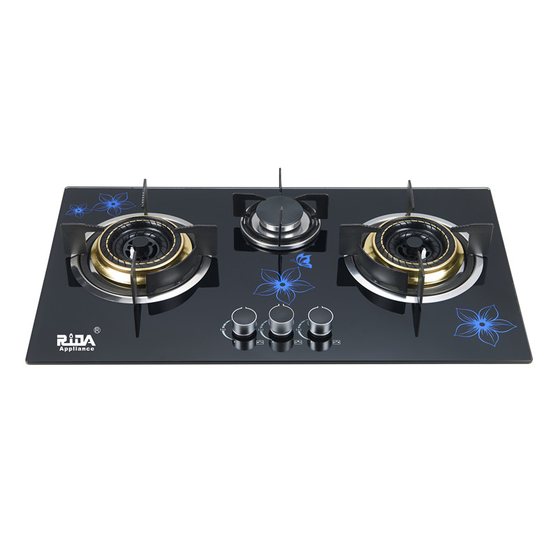 kitchen appliance tempered glass 3 burner cast iron burner 2*4.2kw+1*1.75kw built in gas hob gas cooker gas stove RDX-GH022