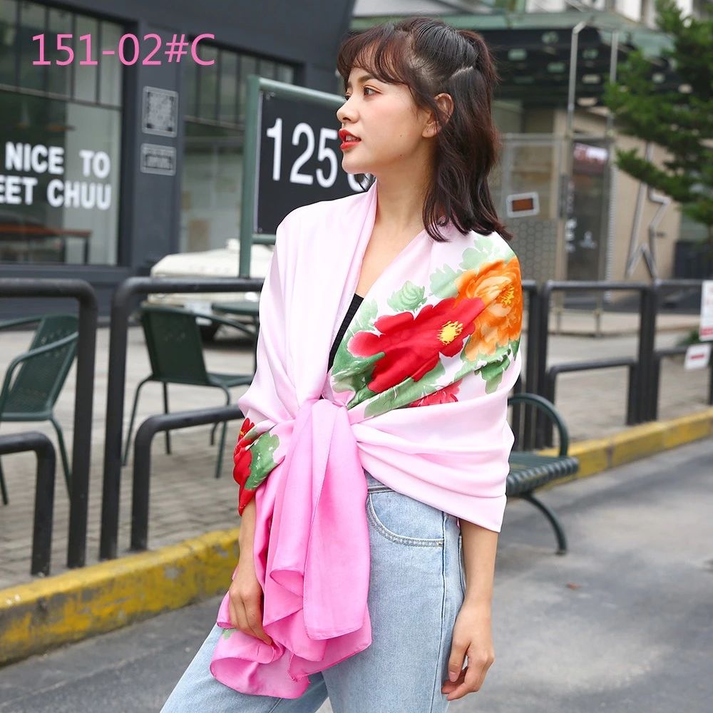 Silk like Scarf Floral Print Satin Long Scarf Wrap Shawl