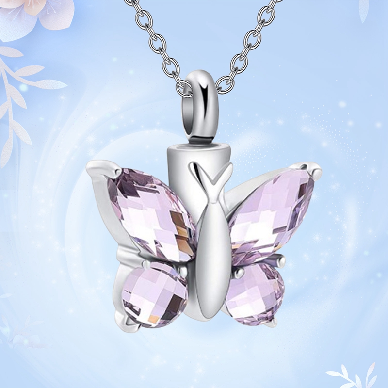 Butterfly Shape Fillabled Ashes Cremation Pendant Keepsake Urn Necklace Purple Memorial Jewelry