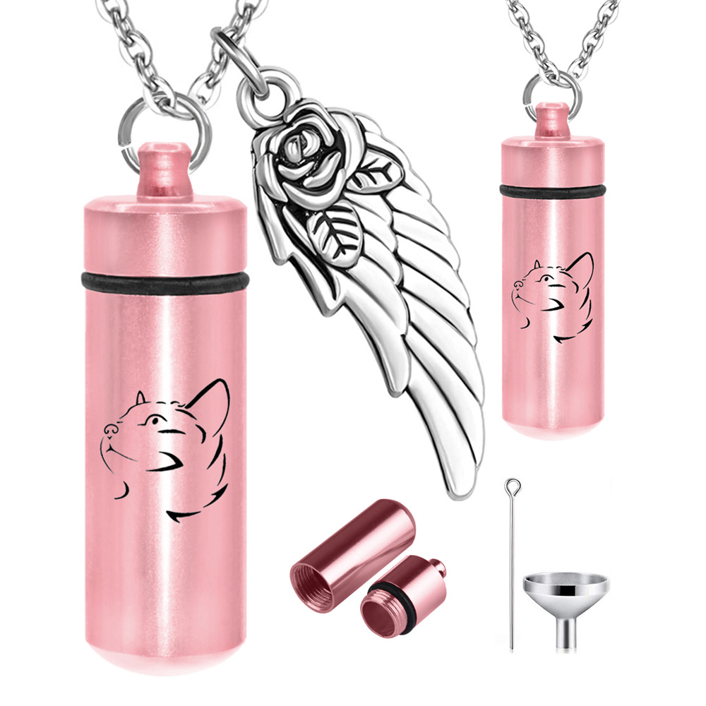 Cremation Jewelry Ashes Holder Engraved Pendant Locket Cat Pet Memorial Urn Necklaces for Ashes Angel Wing