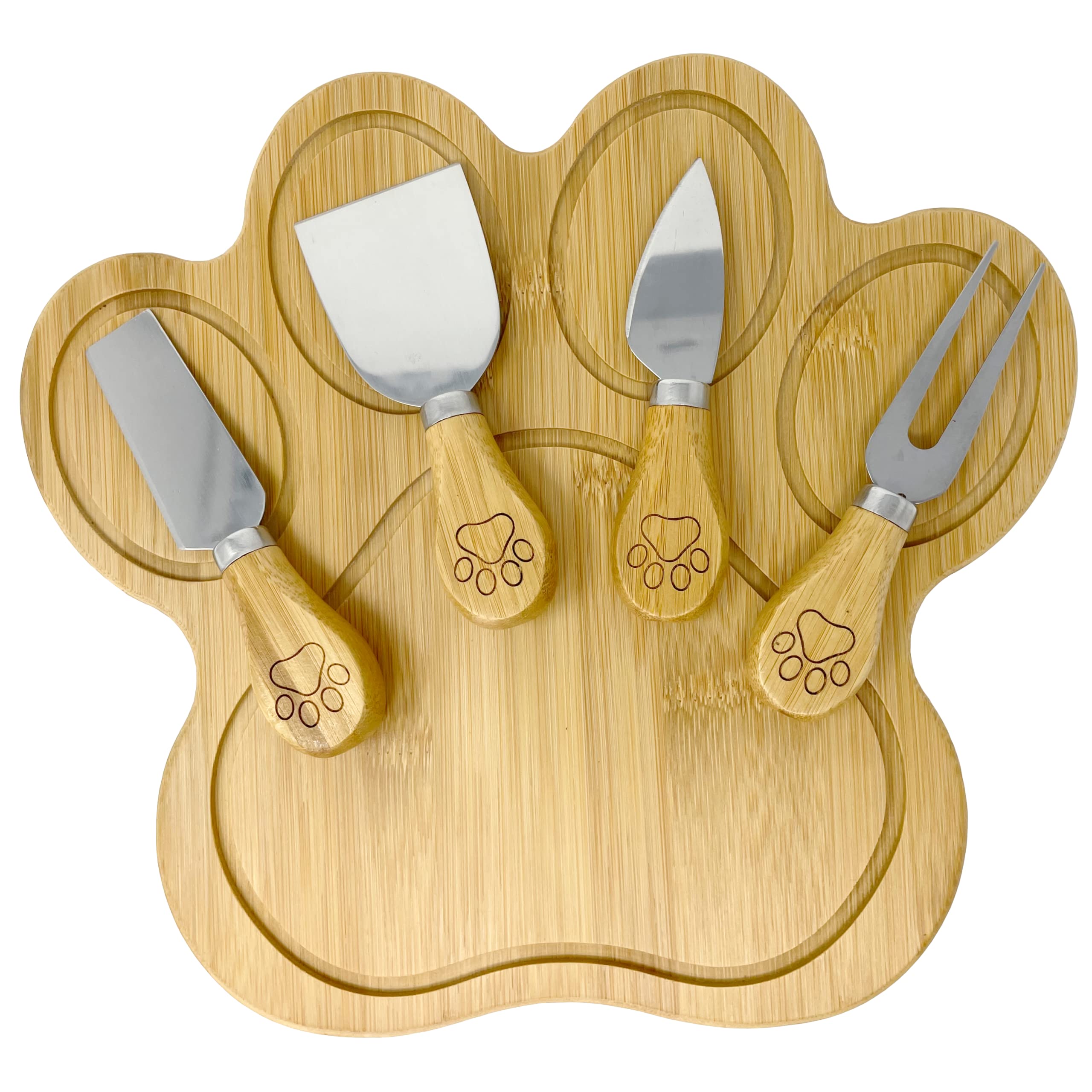 Shangrun Paw Shaped Bamboo Wood Serving Board With Bonus 4 Matching Spreaders Gift Set