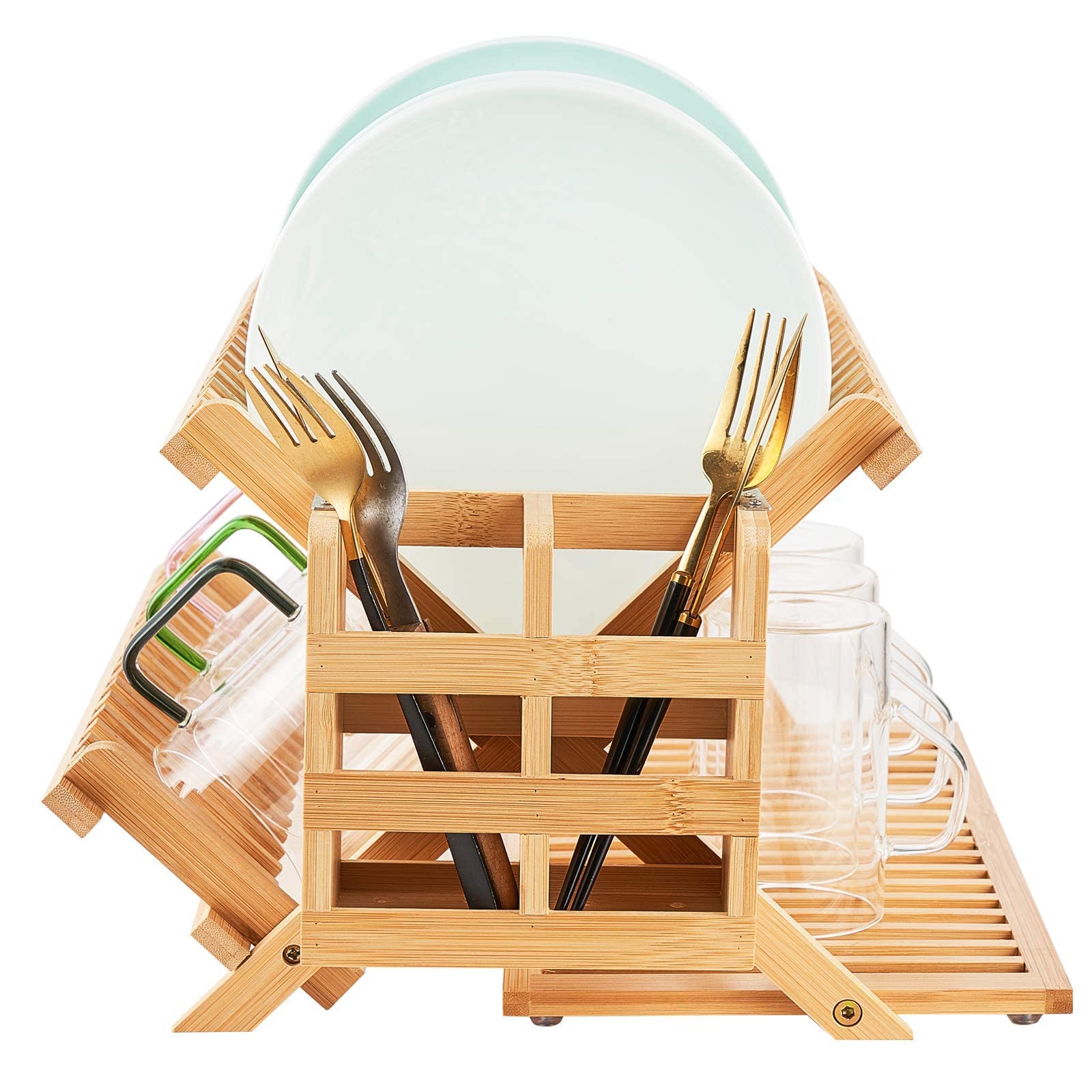 Shangrun 3 Tier Collapsible Wooden Dish Drying Rack with Utensil Holder