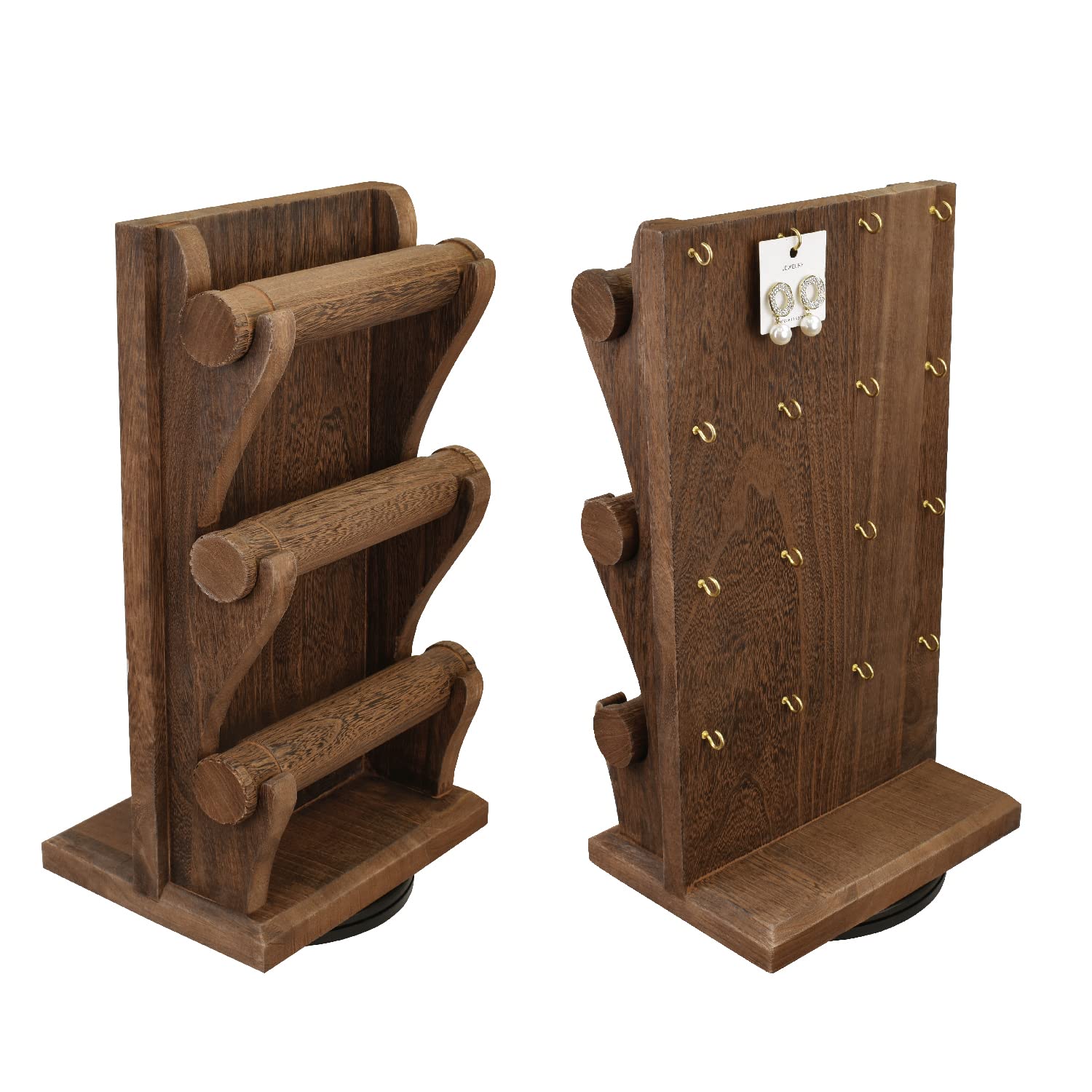 Shangrun Two-Sided Rotating Wooden Jewelry Display Stand With 3 Removable Holders And 16 Hooks