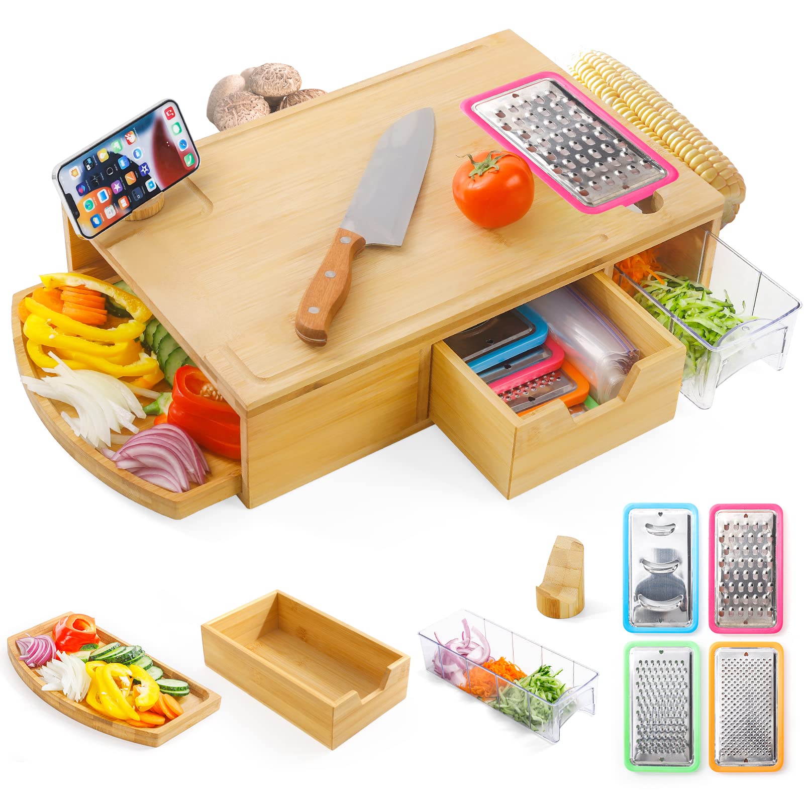 Shangrun Bamboo Cutting Board With 2 Containers, Tray And 4 Graders