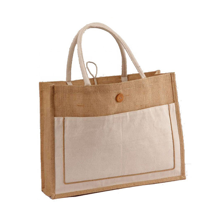 colored External pockets, button closure, round handle tote jute bag