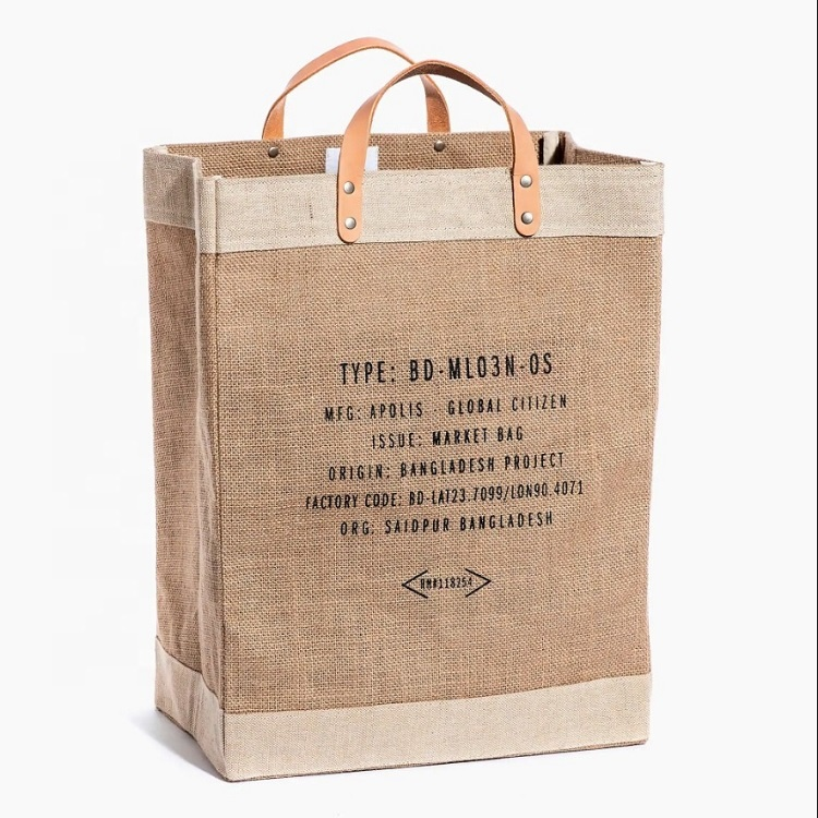 Hot sale shopping jute bag with leather handle