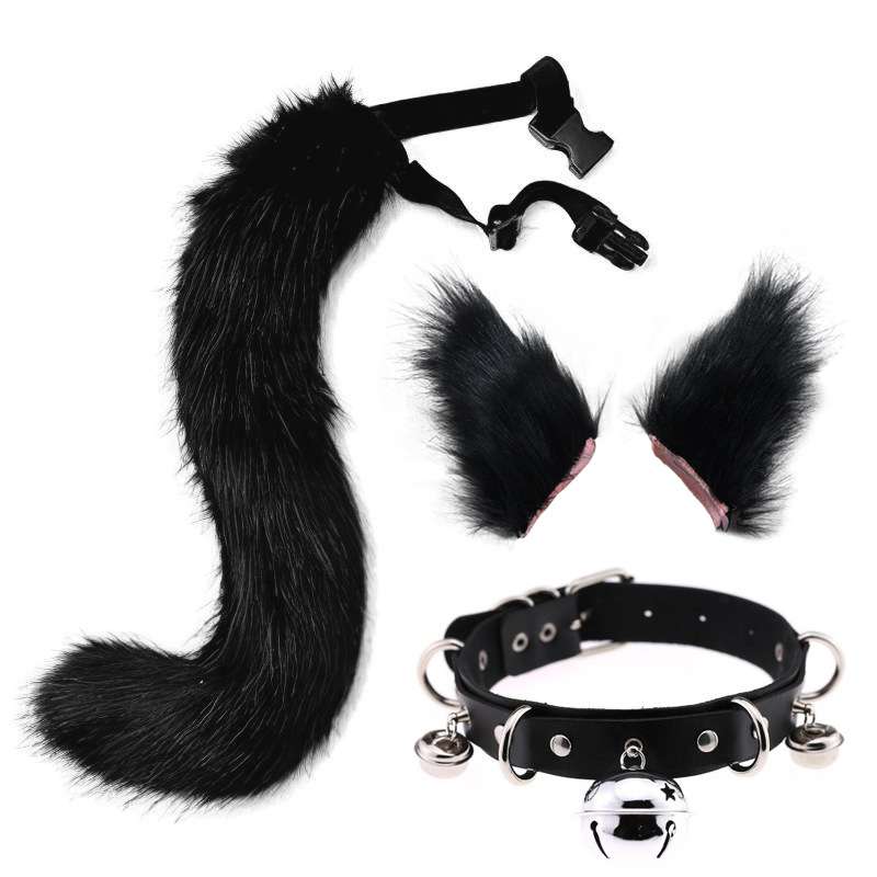 19inch Cat Ears and Wolf Fox Animal Tail Cosplay Costume Faux Fur Hair Clip Headdress Halloween Leather Neck Chocker Set
