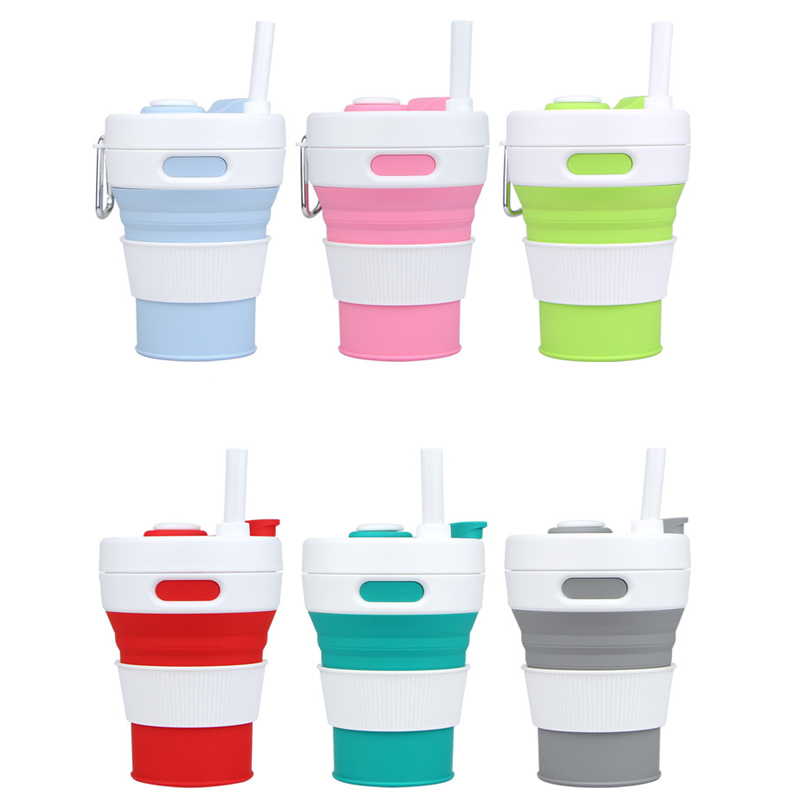 new Portable Convenient folding travel cup Silica gel coffee cup with straw Custom color