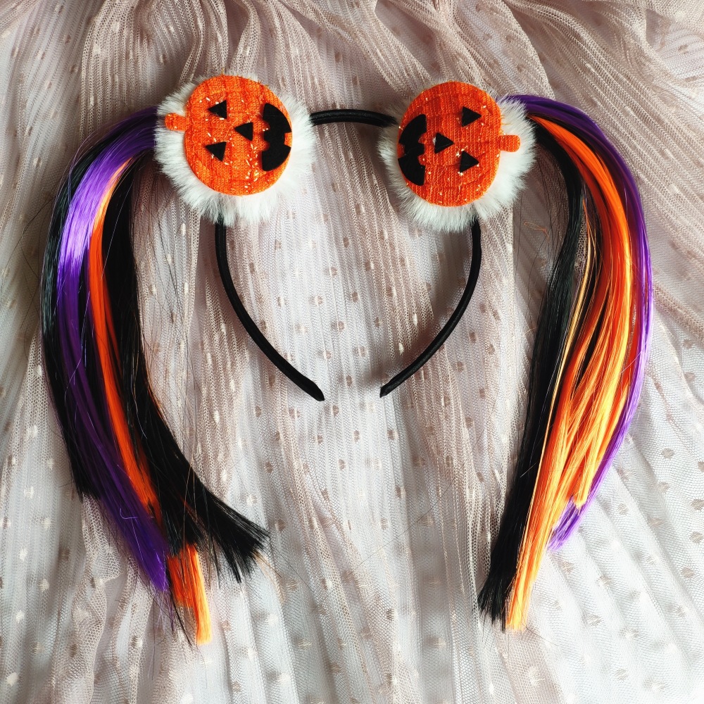 Halloween Kids Funny Hair Accessories Headband Pumpkin Spider Headband With 25cm Double Ponytail Wig
