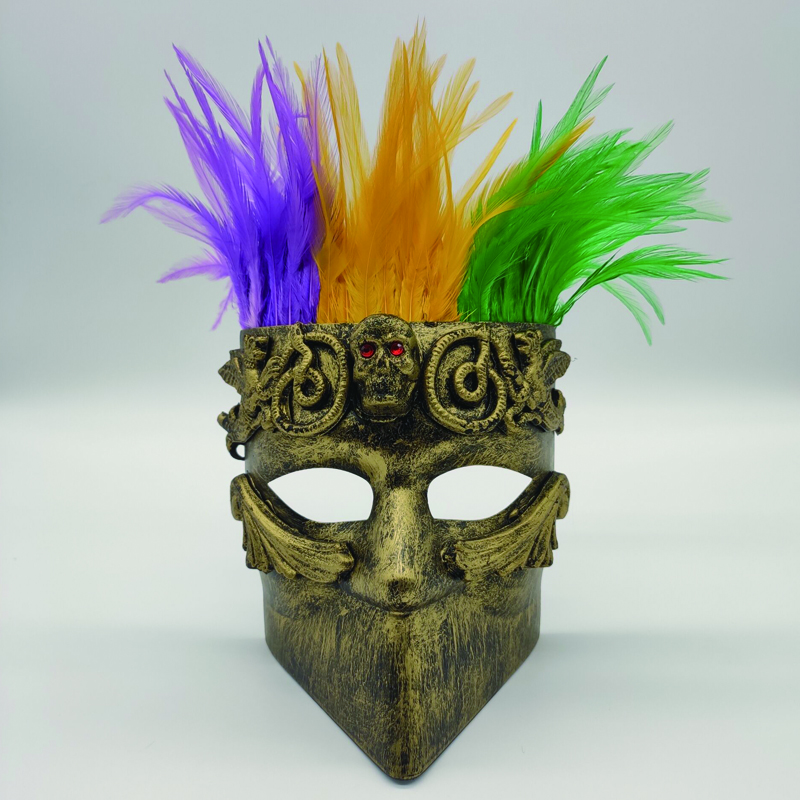 Masquerade Party Face Mask with Gold Purple Green Feather for Mardi Gras 