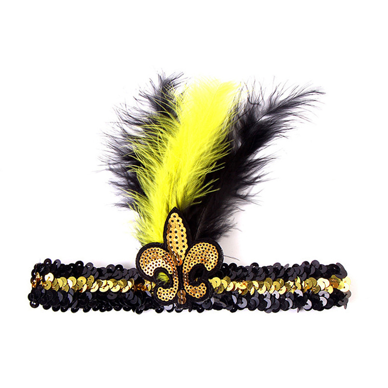 Mardi Gras Black and Gold Sequin Feathered Headband with Fleur De Lis