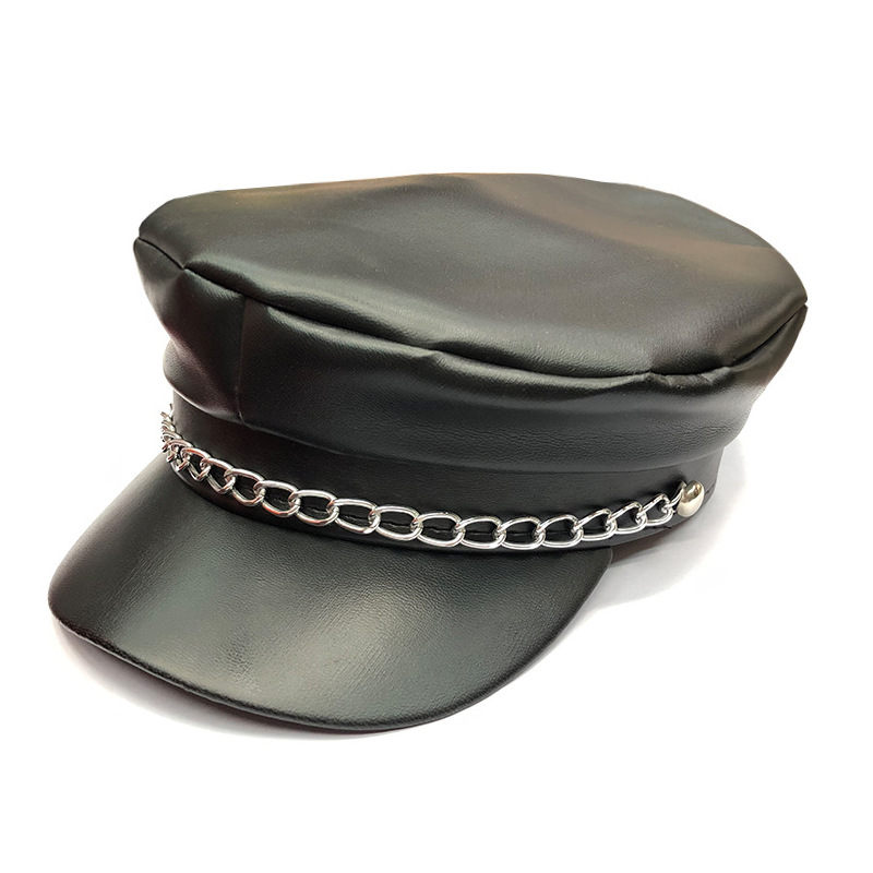 Black leather chain police officer military hat service cap