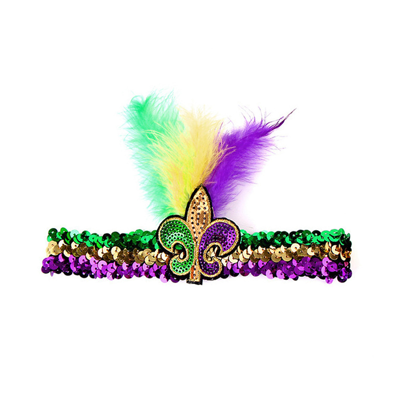 New Premium 2021 Fleur De Lis Applique Feathered Mardi Gras Sequin Headband