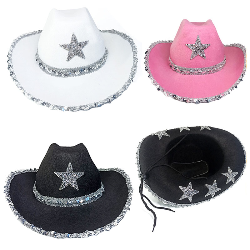 Pink Cowboy Hats For Girls Costumes With Sequin Star And Edge With A Pentagram On The Back Western Birthday Party Cowgirl Hat