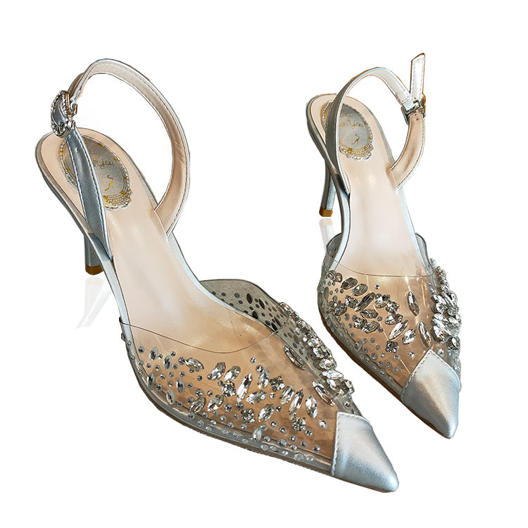 XINZI RAIN Luxury Bridal Shoes Customized Point Toe Rhinestones Sling Back 8cm High Heel Sandals