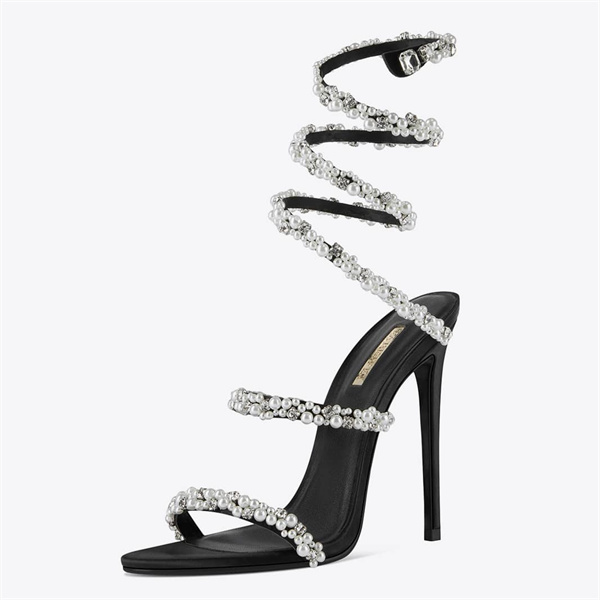 2022Summer New Peep-toe Sandals Black Women&#8217;s Shoes Sexy Super High Heels with Pearl Diamond /rhinestone loop Around the Ankle