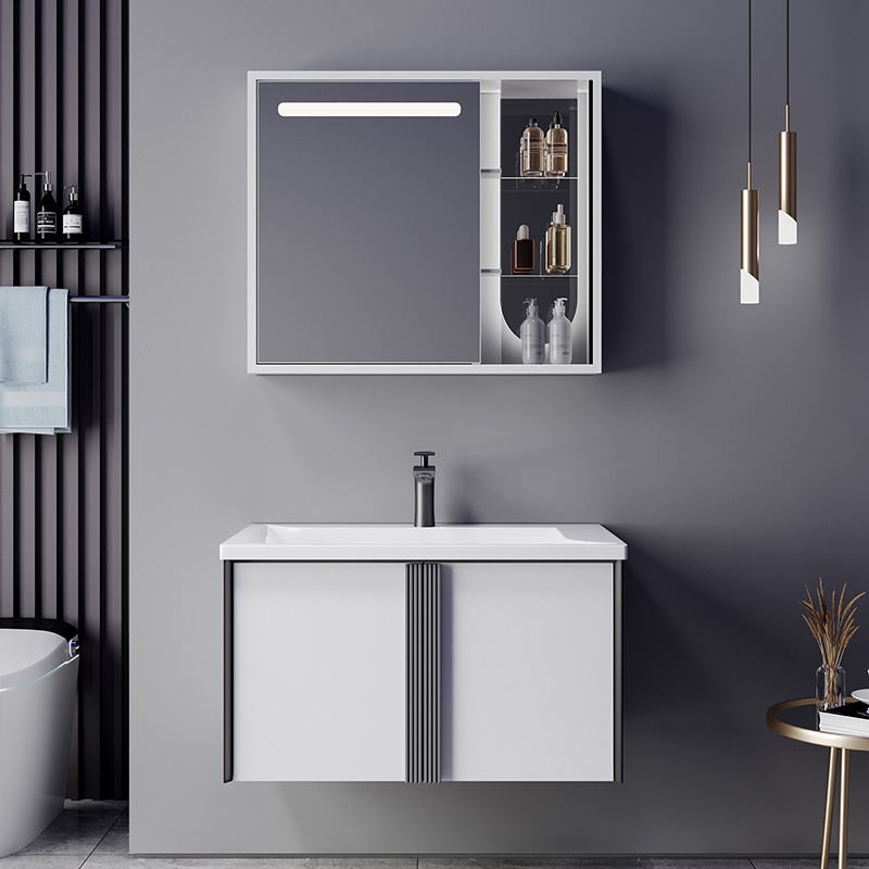 New design plywood bathroom vanity with seamless ceramic basin body sensor LED mirror cabinet