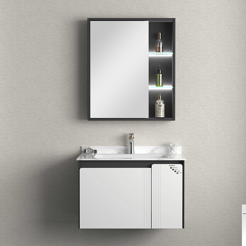 wholesale rock slate seamless basin plywood bathroom vanity with body sensor LED mirror cabinet 