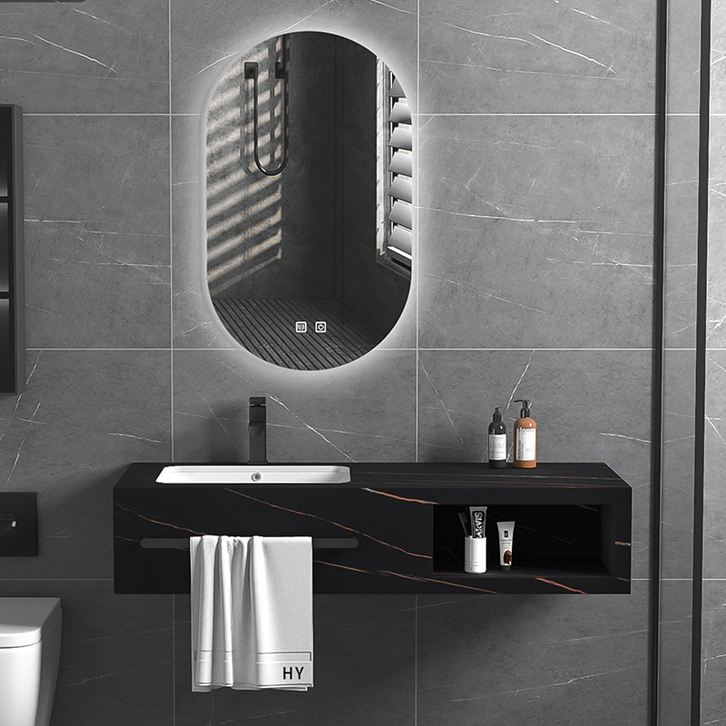 New matte finishing rock slate bathroom vanity with LED mirror ceramic basin marble bathroom vanity cabinet with towel shelf