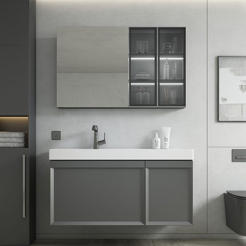 Luxury furniture grey PVC bathroom vanities with LED mirror with ceramic basin wall mounted bathroom vanity cabinets