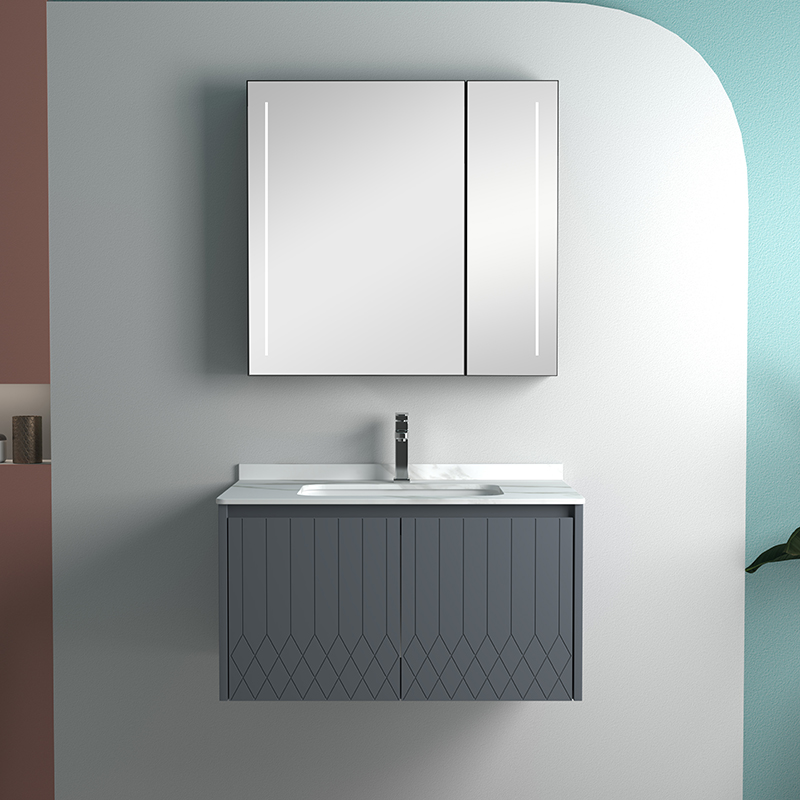 New design stainless steel bathroom vanity with rock slate basin and body sensor LED mirror cabinet