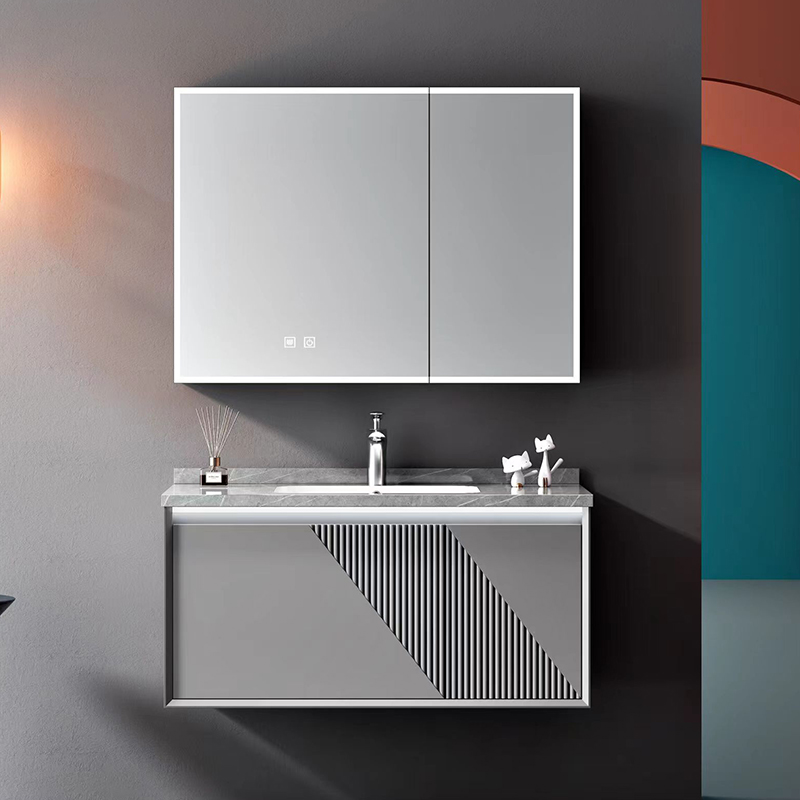 Luxury plywood bathroom vanity with seamless rock slate basin and body sensor LED mirror cabinet