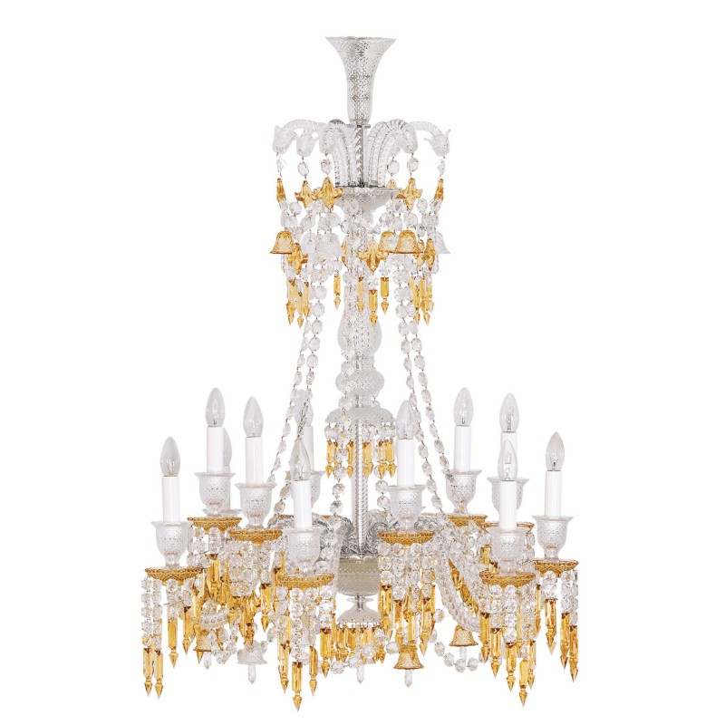 Long 12 Lights Amber Baccarat Crystal Chandelier