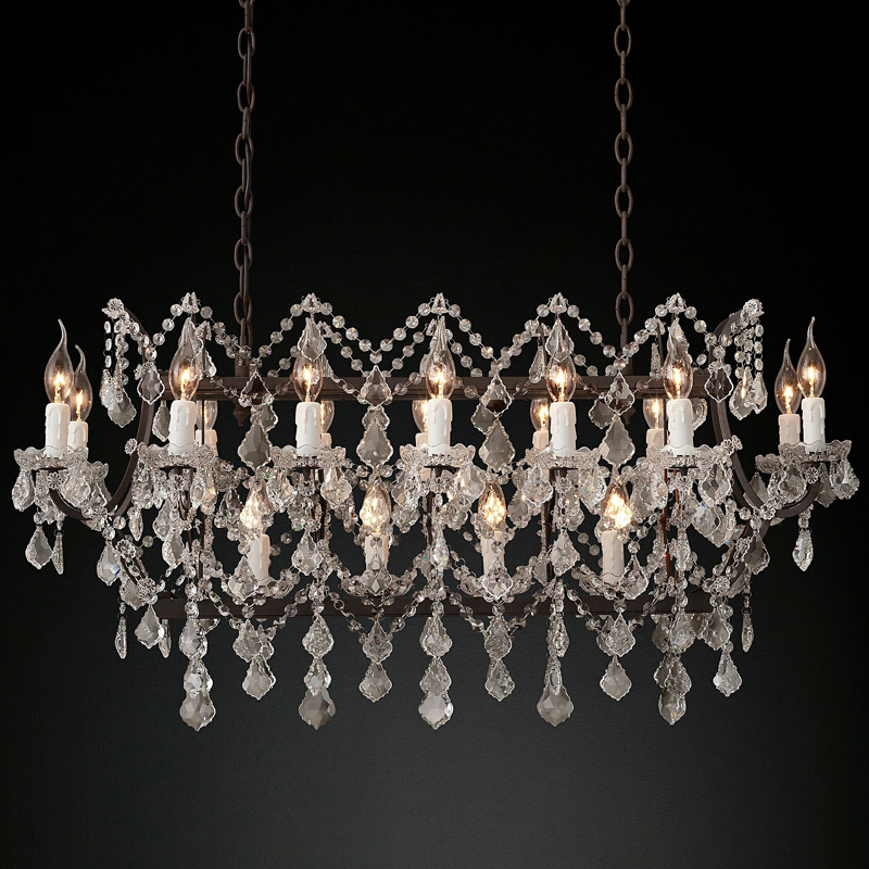 30 Lights Iron and Clear Crystal Chandelier 63 Inch Rectangle Chandelier for Dining Room