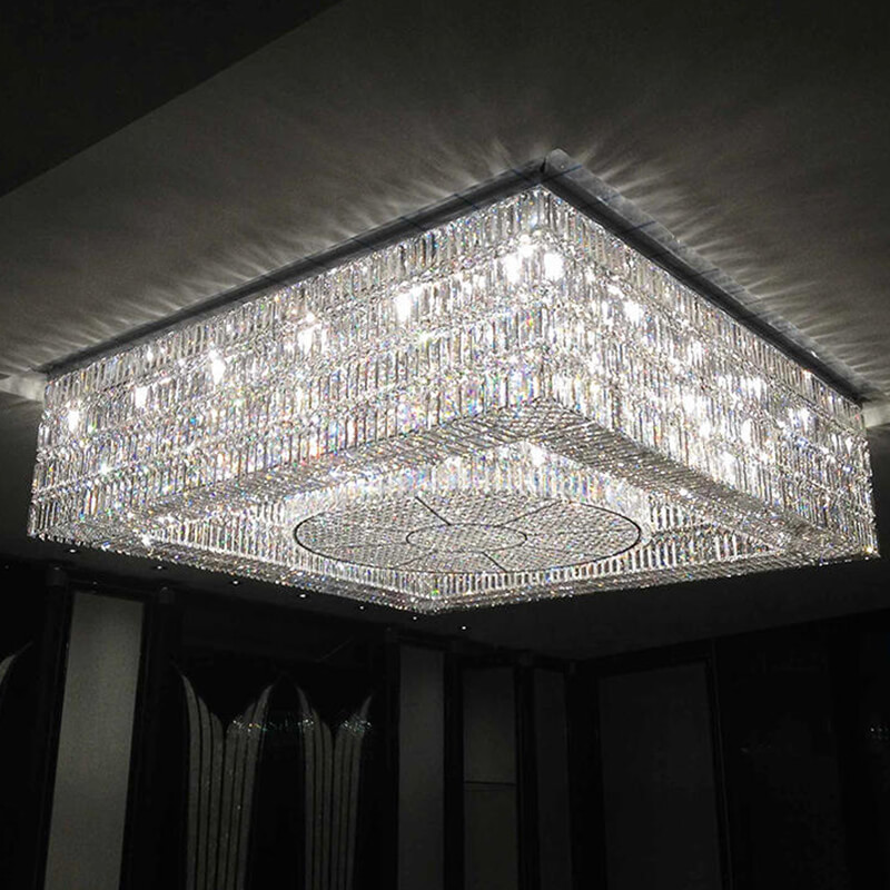 Bespoke Square Ceiling Chandelier Large Flush Mounted Crystal Chandelier for Hotel Lobby