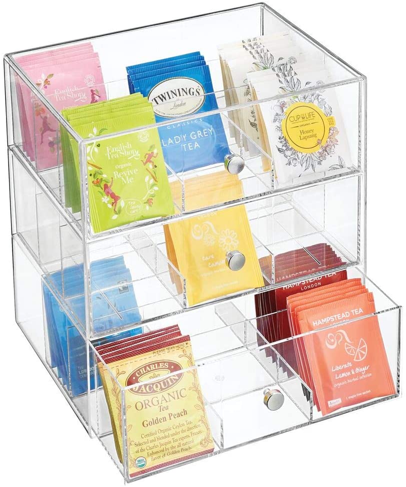 Wholesales Clear Acrylic Kitchen Organiser With 3 Drawers Storage Box for Tea Bags Coffee Capsules Tea Chest
