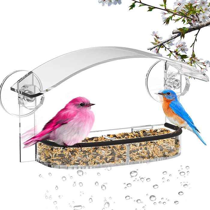Bird Feeder with Cups and 2-Sectioned Removable Seed Tray with Drain Holes Outdoor Acrylic Bird Feeder with Weatherproof