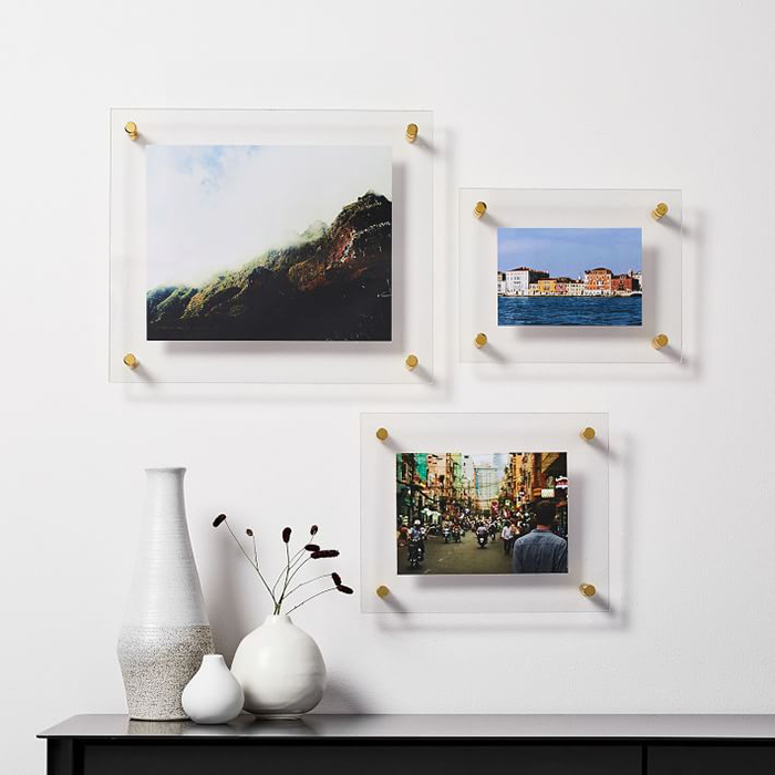 Wall Mounted Plexiglass Frame Two Panel Acrylic Artwork Display Frame With Polished Brass Screws