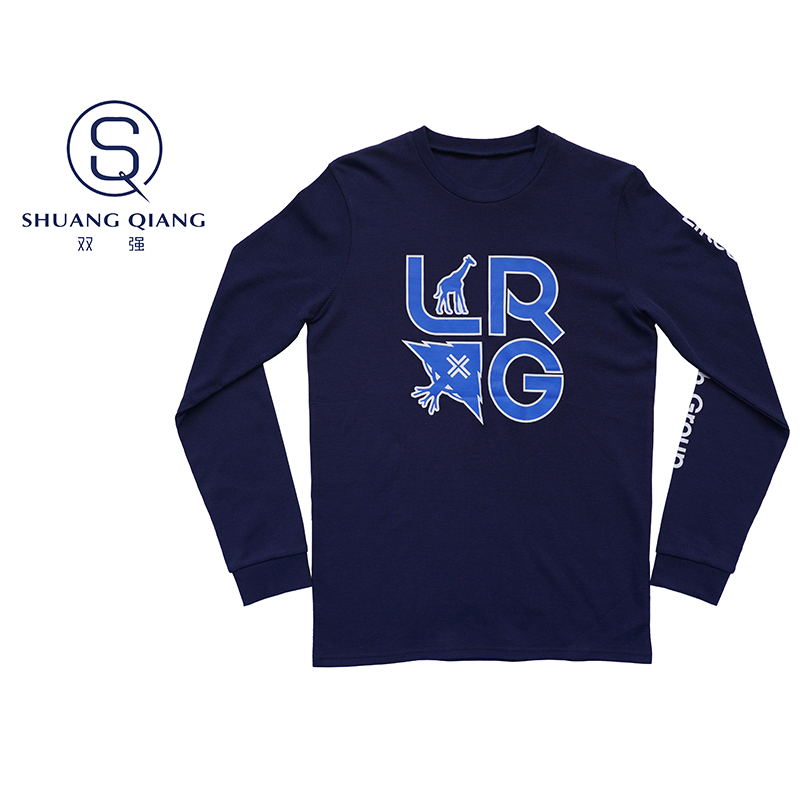 Custom kintted long sleeve crew neck cvc 60%cotton/40%polyester Waffle t-shirt Water based printing
