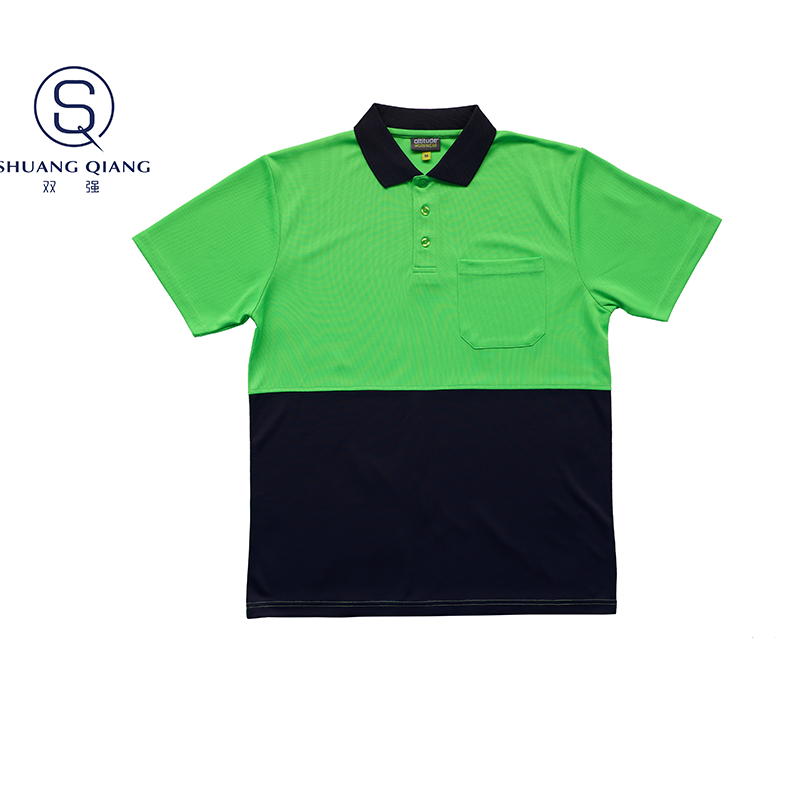 Custom shorts sleeve 100%polyseter splicing and color contrast lapel quick dry reflective safety mix colors hygroscopic and sweat releasing mesh polo shirt,Side Bottom split Design ,body patchwork color,chest pocket,Soft Facbric .