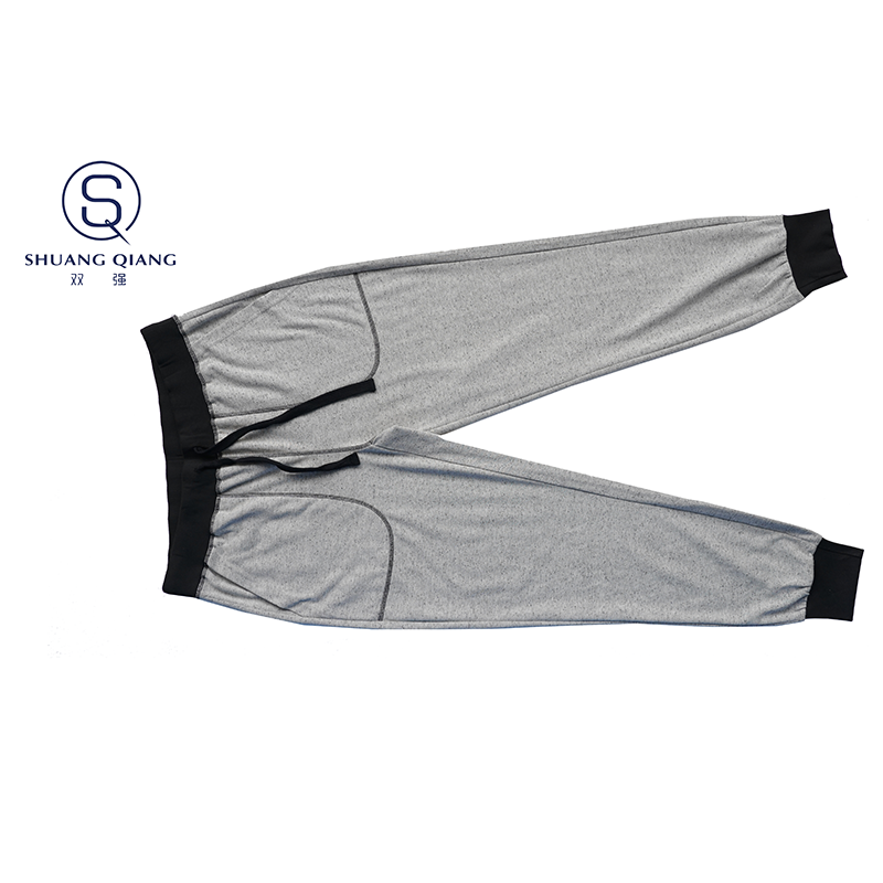 Custom senior kintted rib high waistband gridlines long pants TC 65%polyester/35%cotton monodyeing sportwear pants,double side pockets,braided waist rope,Soft Facbric .
