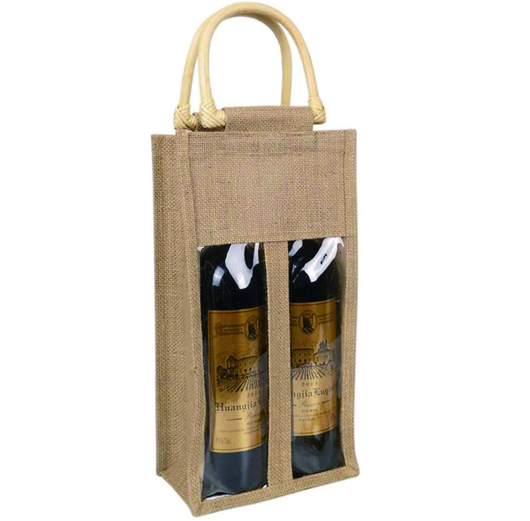 Wine Gift Set Eco Friendly Jute Bags with PVC Front Window Supplier