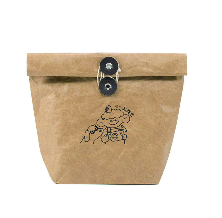 Washable Brown Paper Bag with Button and String Custom Logo Printing