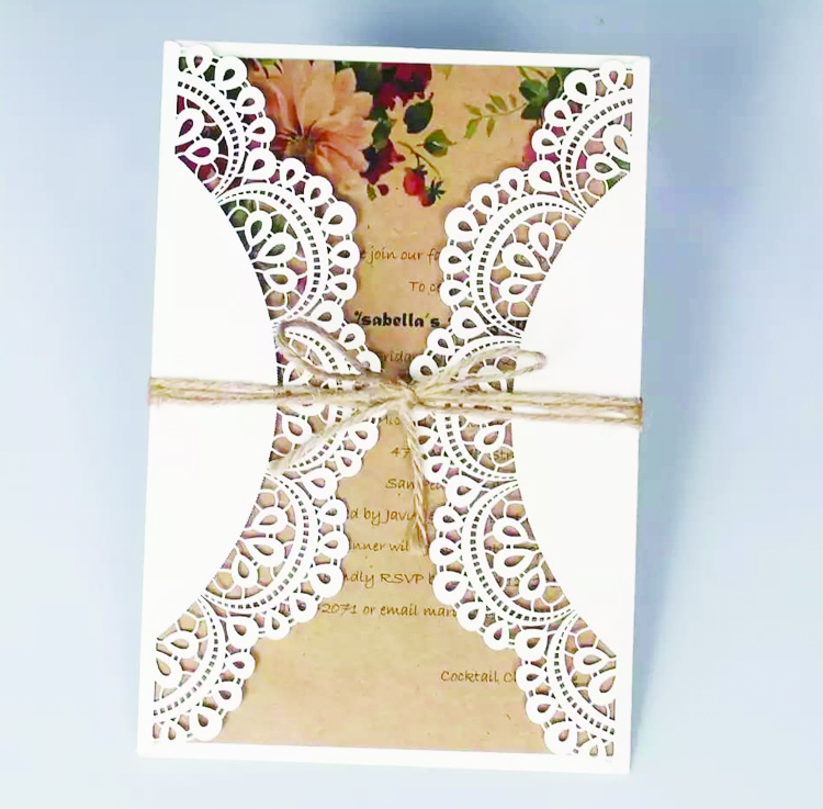 Wedding Card Laser Cut with String and Blank Kraft Paper for Handwriting
