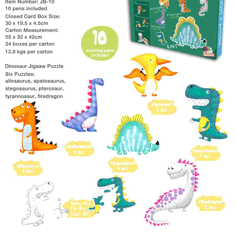 BSCI Certified Factory 6 in 1 Double the Fun Coloring Dinosaur Jigsaw Puzzle JB-10