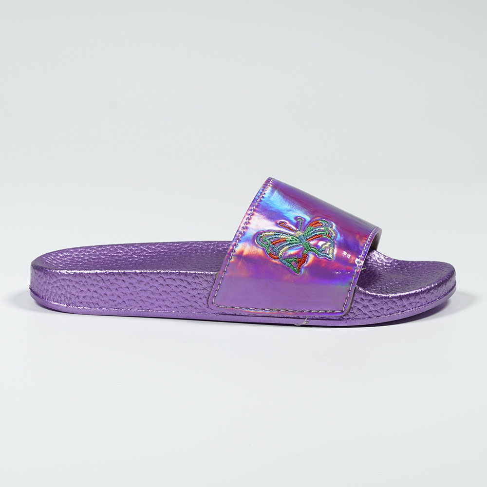 Purple Holographic Butterfly Embroidery Waterproof Slippers