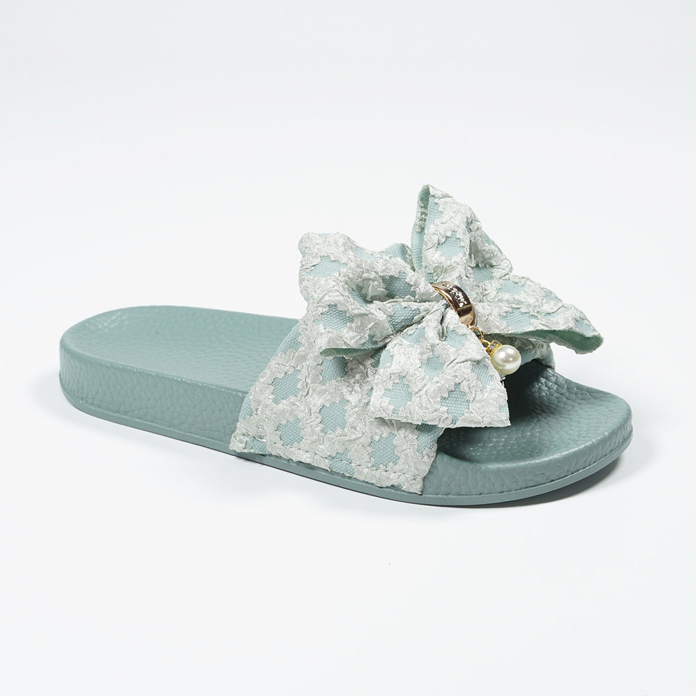 Nikoofly High Quality Elegant Bow Lolita Style Female Slippers Open-toe Slide Sandals Smoky Green