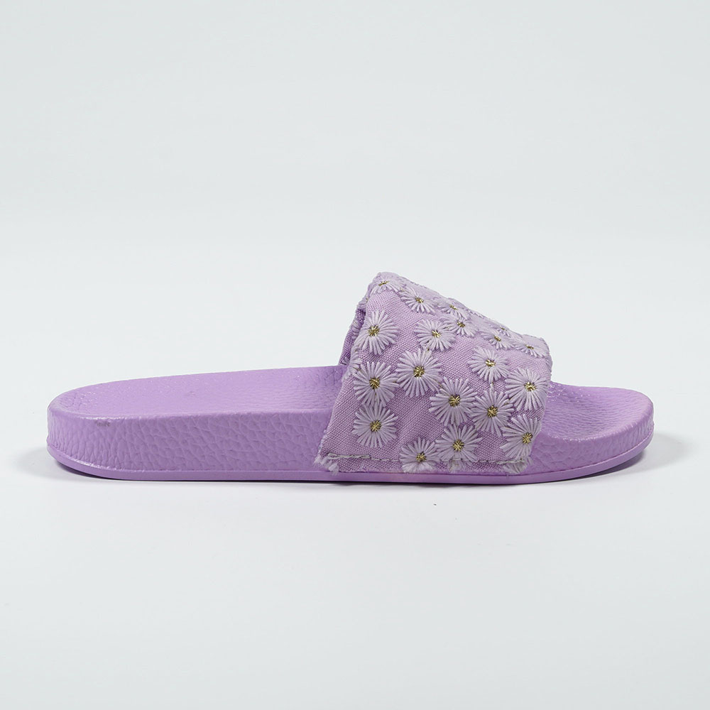 Lilac Indoor Casual Daisy Pattern Cloth Slippers with PVC Outsole
