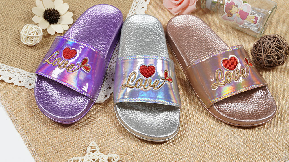 Girls-Holographic-Rose-Gold-Love-Embroidered-Waterproof-Slippers-NMD8010G-3